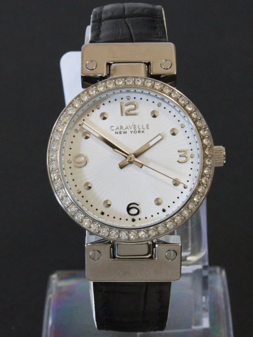 Caravelle Ladies Dress Watch By Bulova Crystal Bezel Reversible Strap 32mm